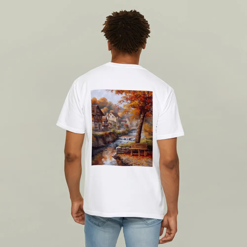 Autumn Village River Stone Bridge Painting – T-Shirts