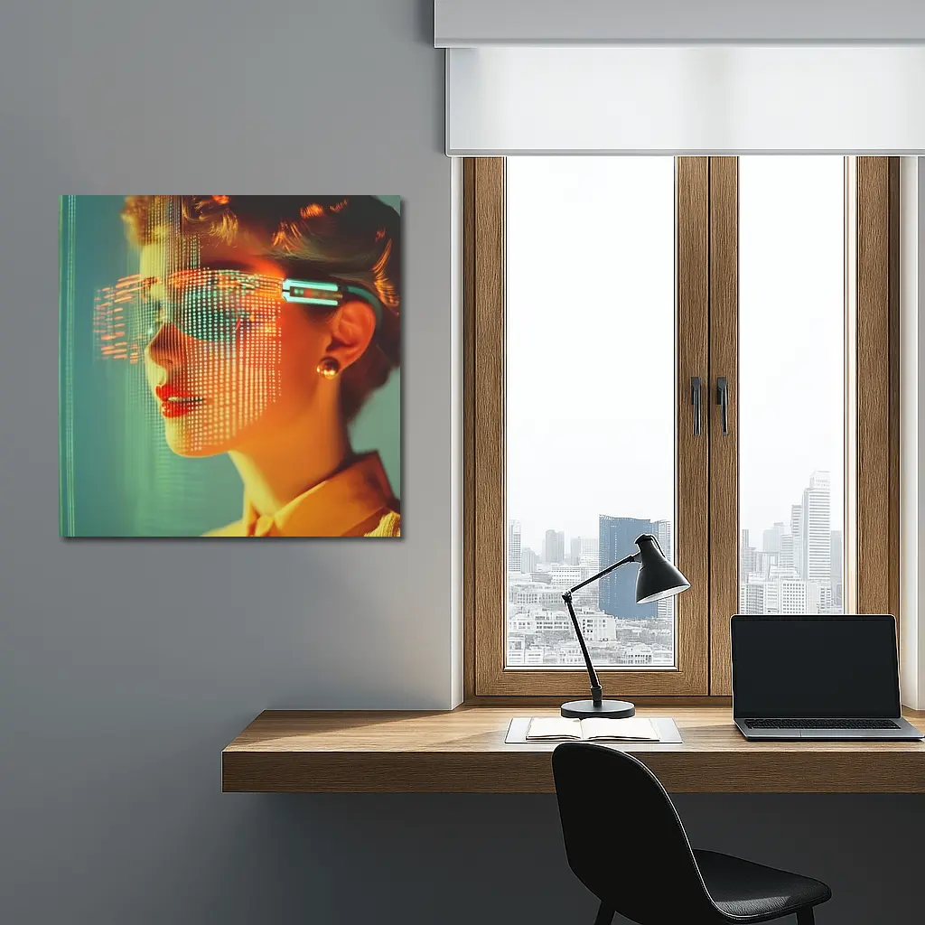 Woman With Digital Grid Face Cyberpunk Portrait – Wall Art