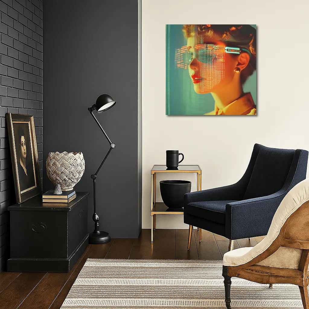 Woman With Digital Grid Face Cyberpunk Portrait – Wall Art