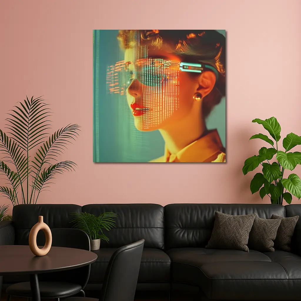Woman With Digital Grid Face Cyberpunk Portrait – Wall Art