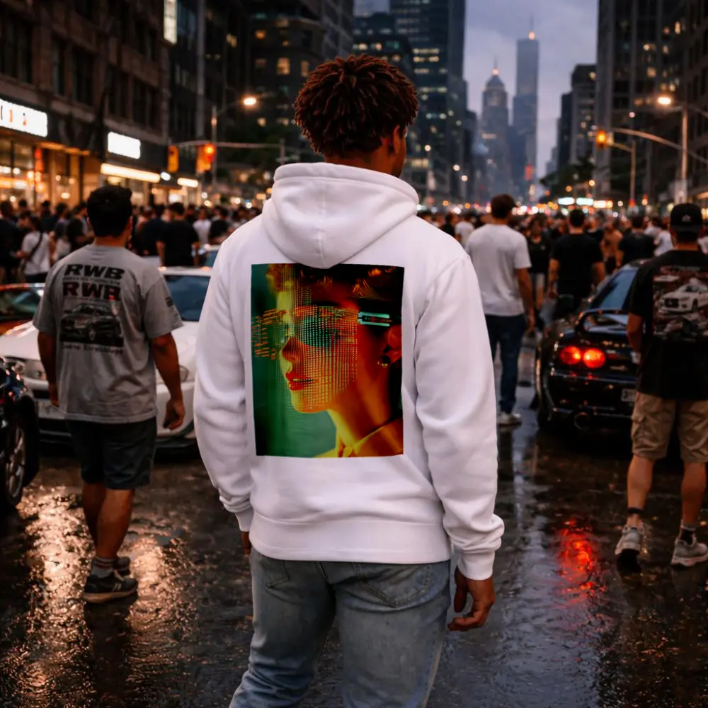 Woman With Digital Grid Face Cyberpunk Portrait – Hoodies