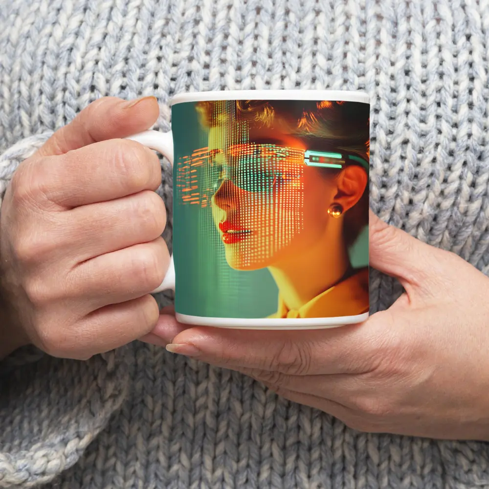Woman With Digital Grid Face Cyberpunk Portrait – Mugs