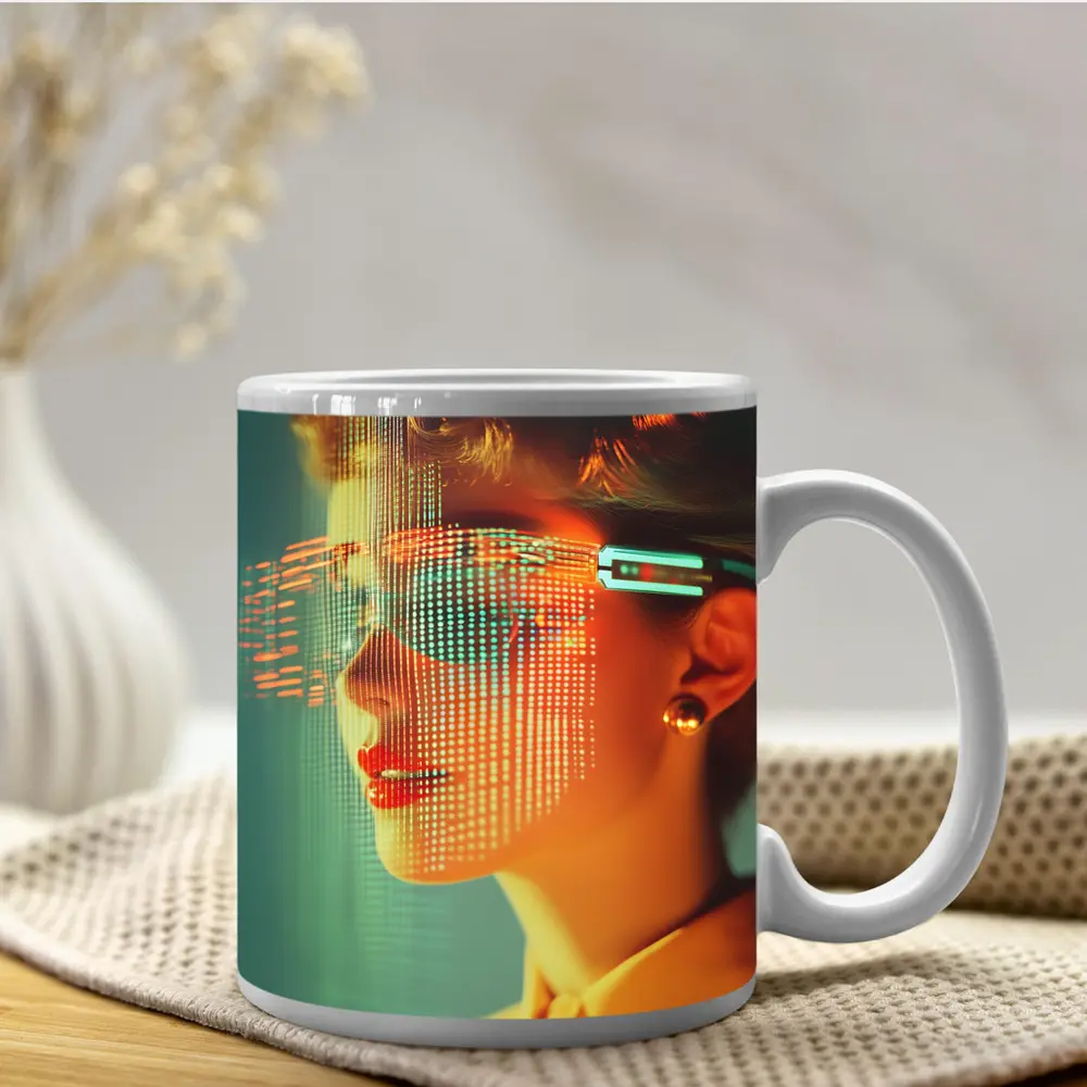 Woman With Digital Grid Face Cyberpunk Portrait – Mugs