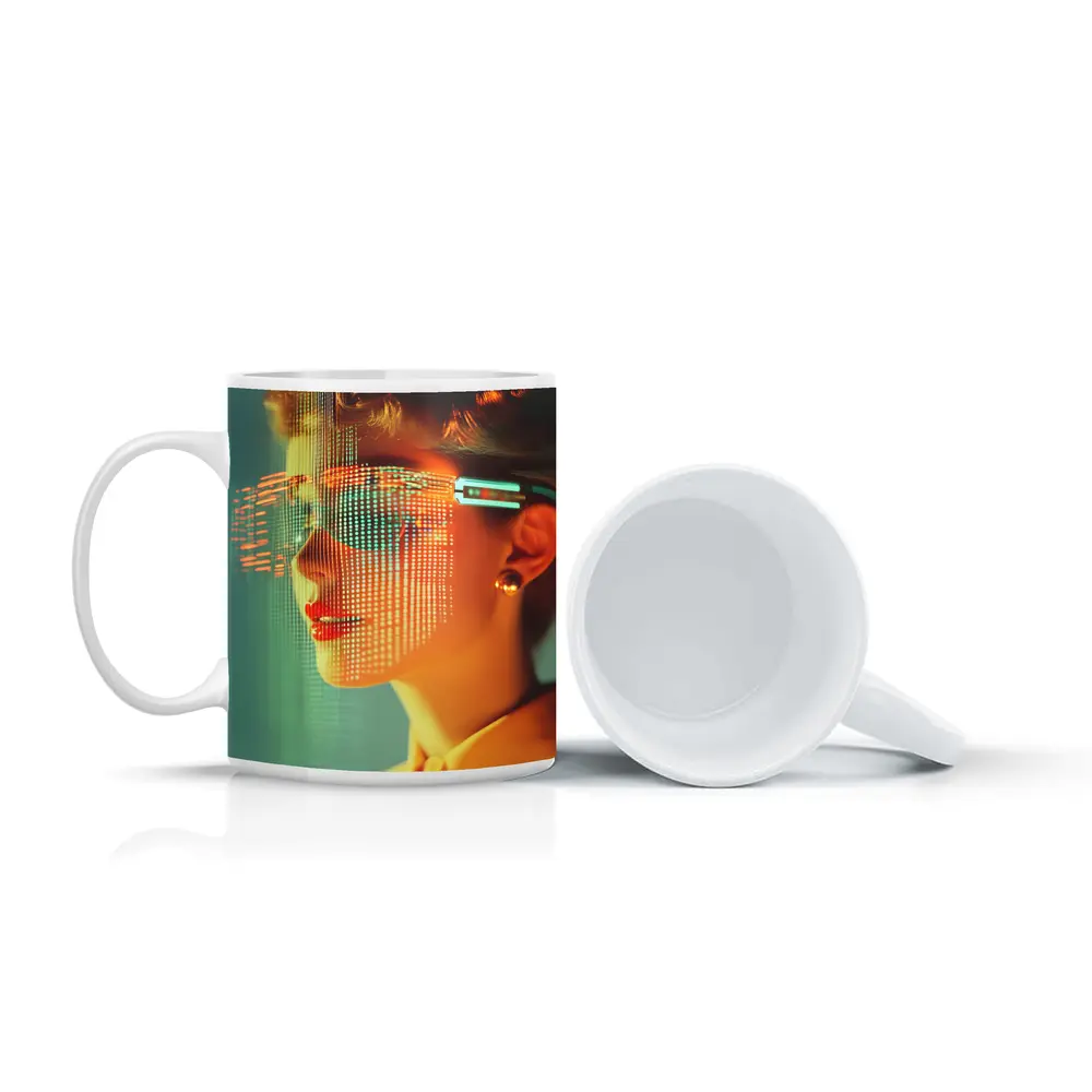 Woman With Digital Grid Face Cyberpunk Portrait – Mugs