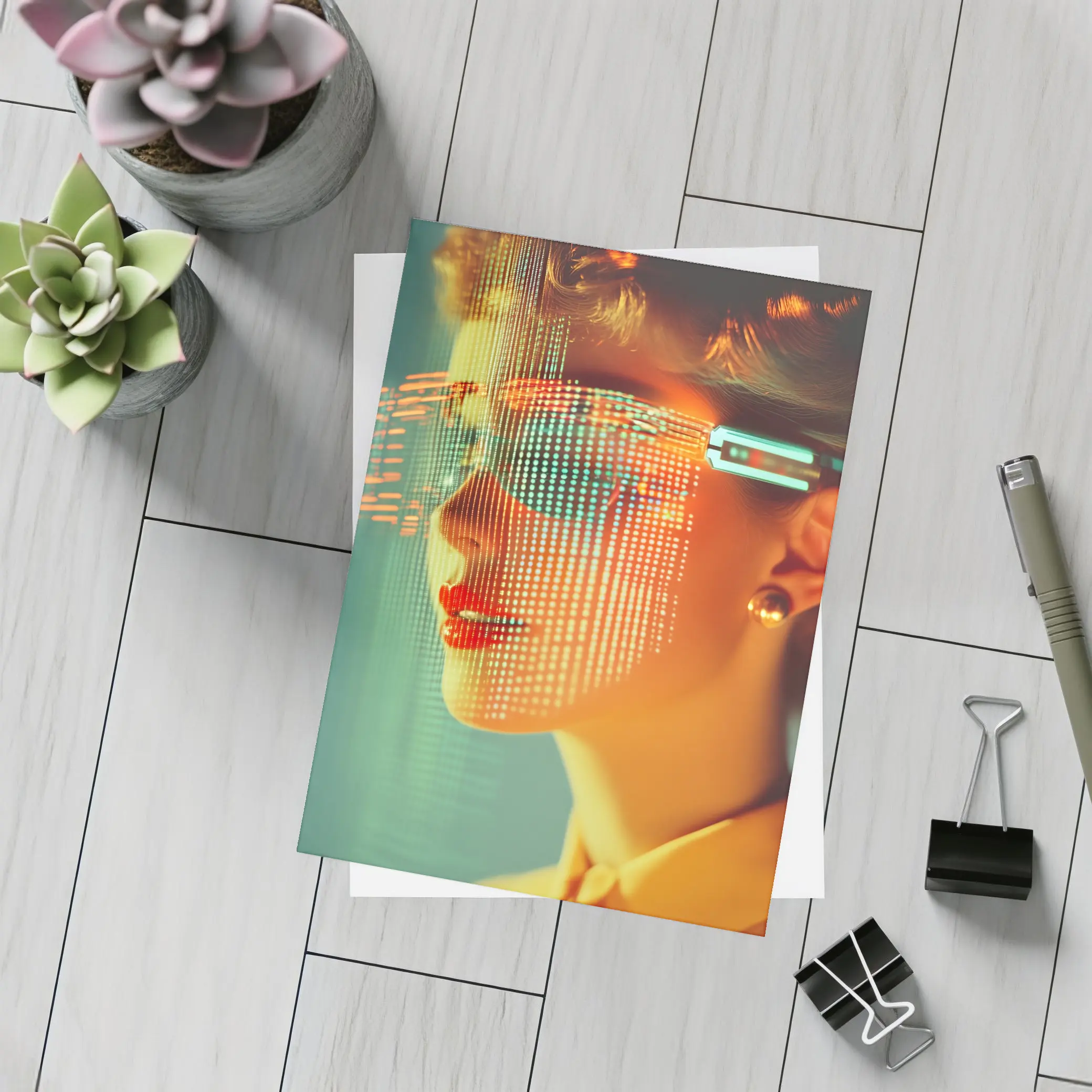 Woman With Digital Grid Face Cyberpunk Portrait – Postcards