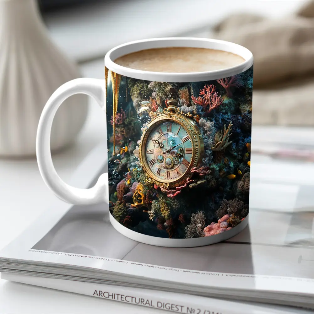 Ornate Gold Clock Underwater Coral Reef – Mugs