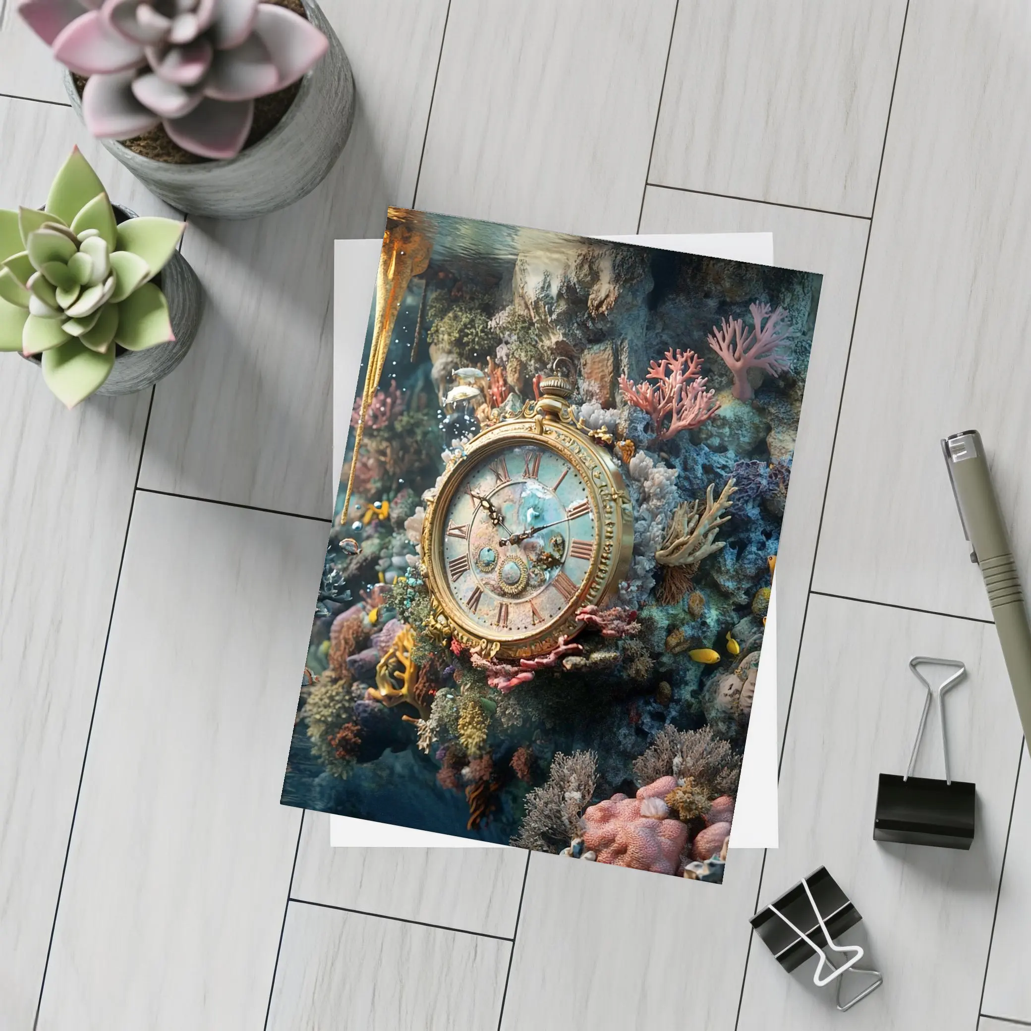 Ornate Gold Clock Underwater Coral Reef – Postcards
