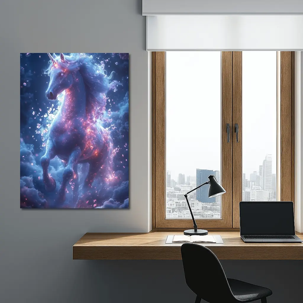 Glowing Unicorn Rearing In Cosmic Clouds – Wall Art