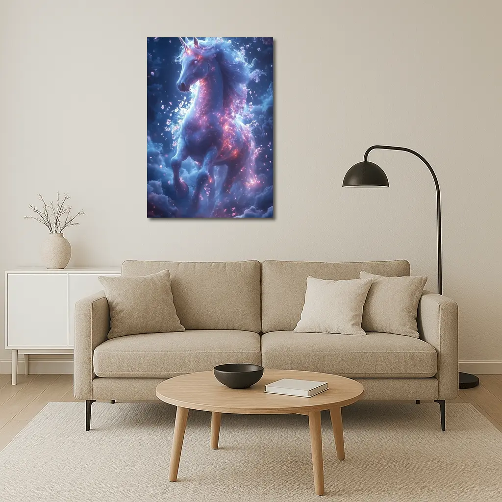 Glowing Unicorn Rearing In Cosmic Clouds – Wall Art