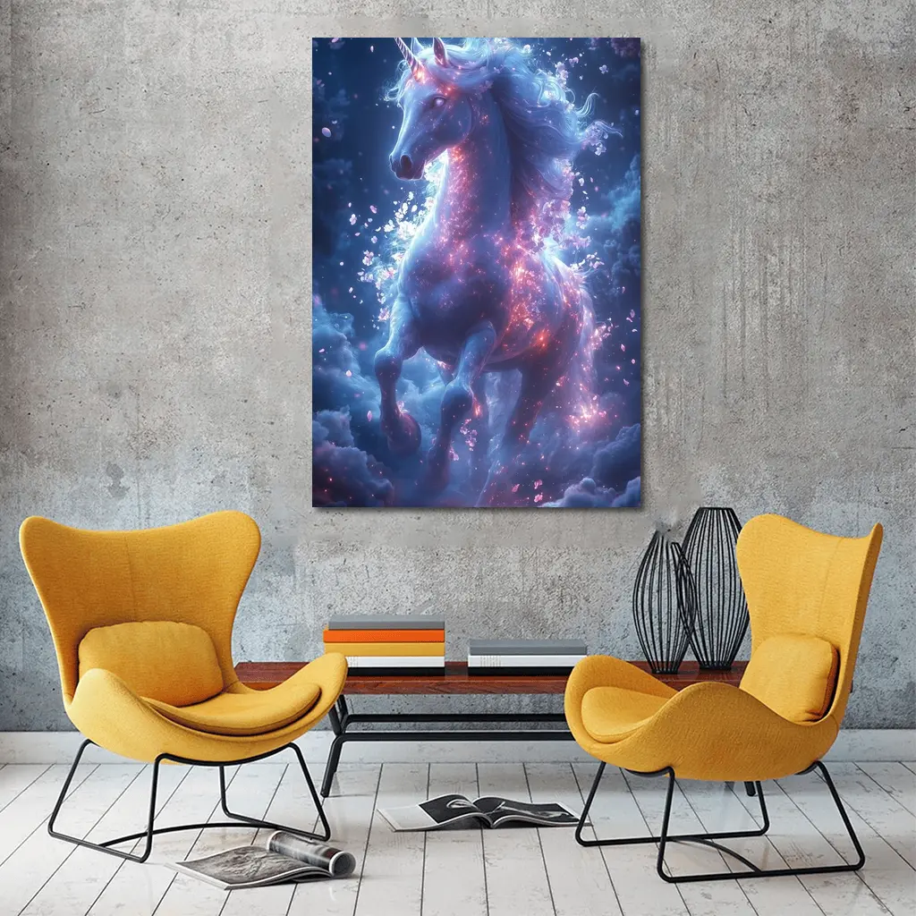 Glowing Unicorn Rearing In Cosmic Clouds – Wall Art