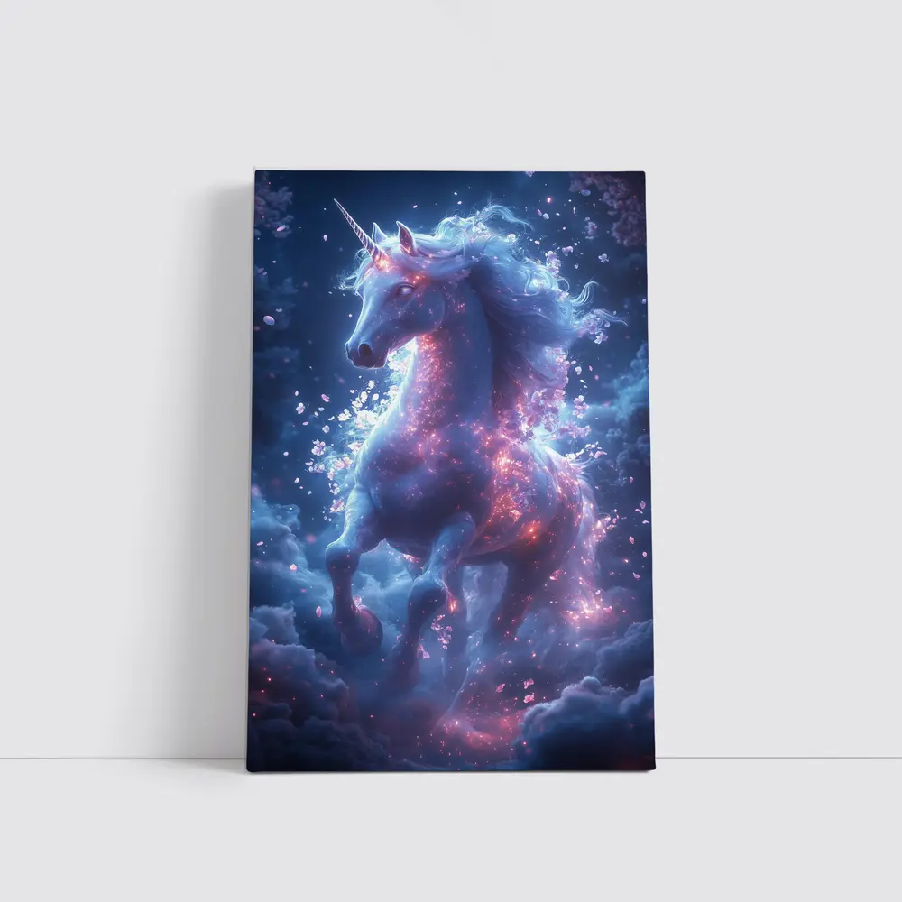 Glowing Unicorn Rearing In Cosmic Clouds – Wall Art