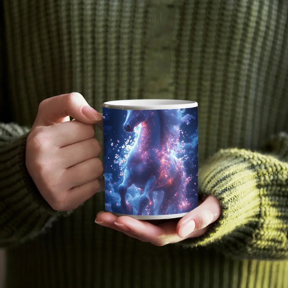 Glowing Unicorn Rearing In Cosmic Clouds – Mugs