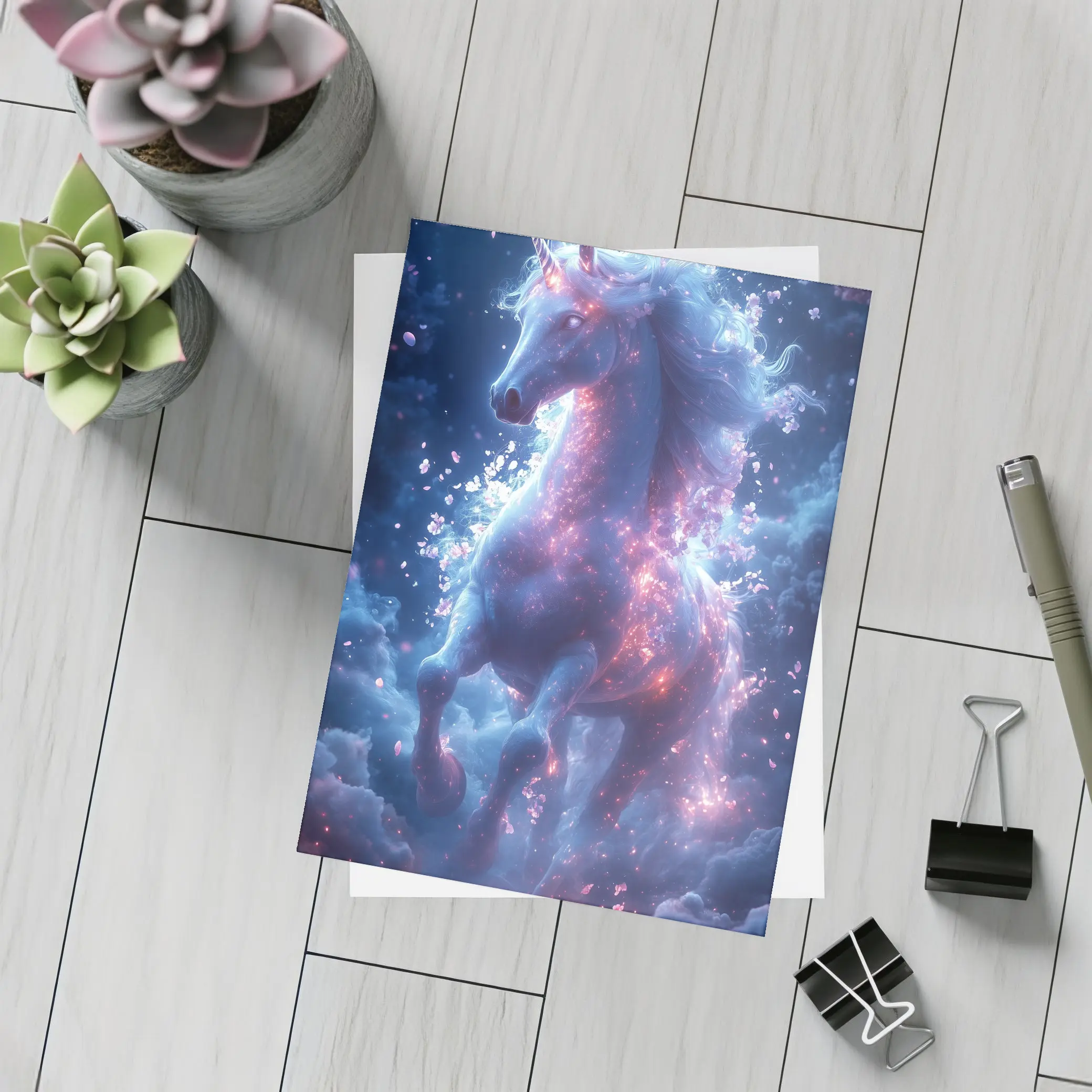 Glowing Unicorn Rearing In Cosmic Clouds – Postcards