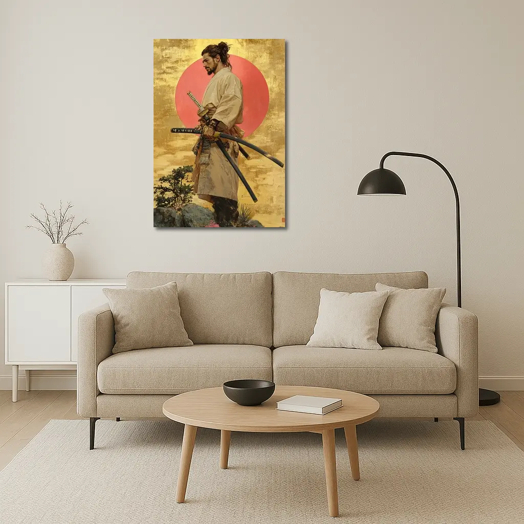 Samurai Warrior Standing Before Red Sun – Wall Art