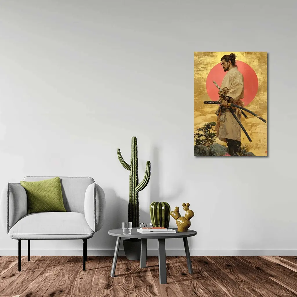 Samurai Warrior Standing Before Red Sun – Wall Art