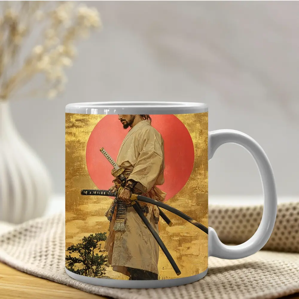 Samurai Warrior Standing Before Red Sun – Mugs