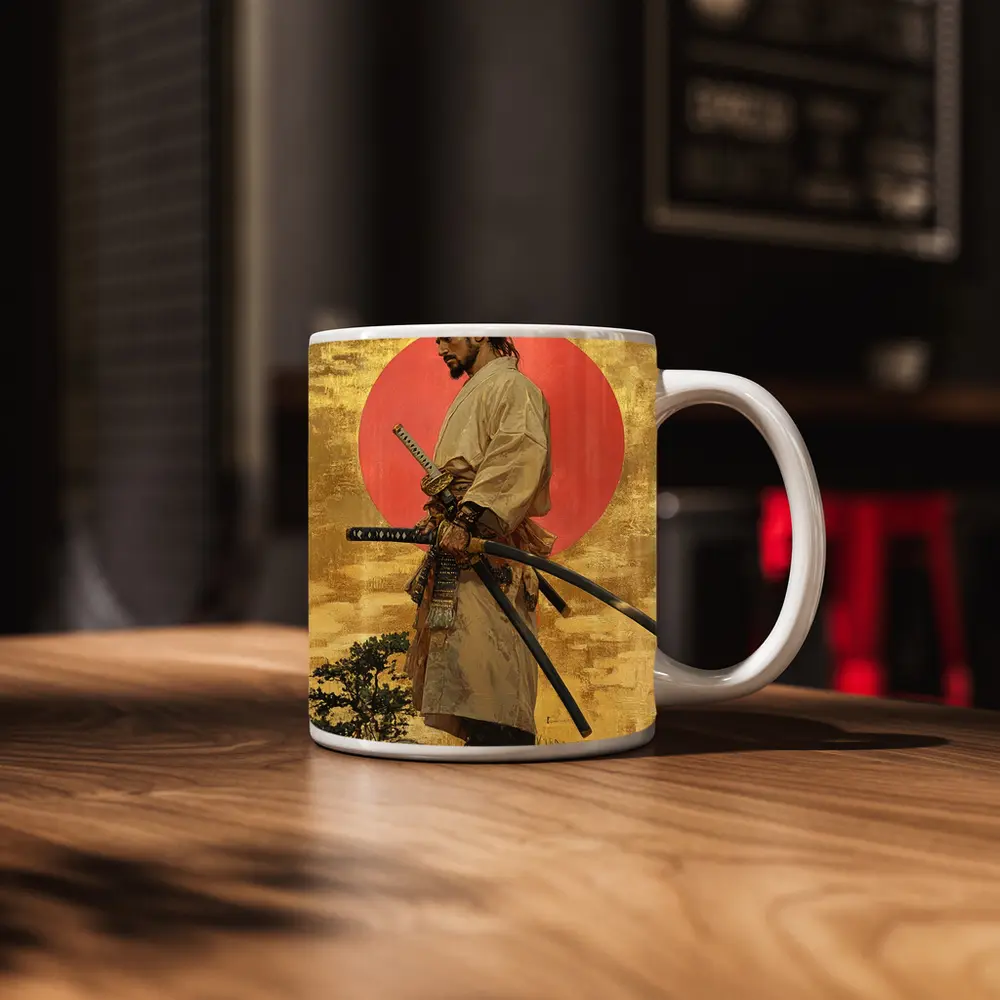Samurai Warrior Standing Before Red Sun – Mugs