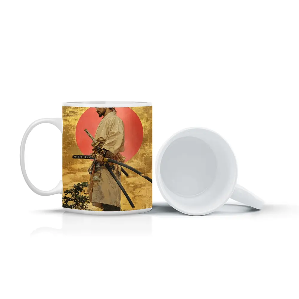 Samurai Warrior Standing Before Red Sun – Mugs