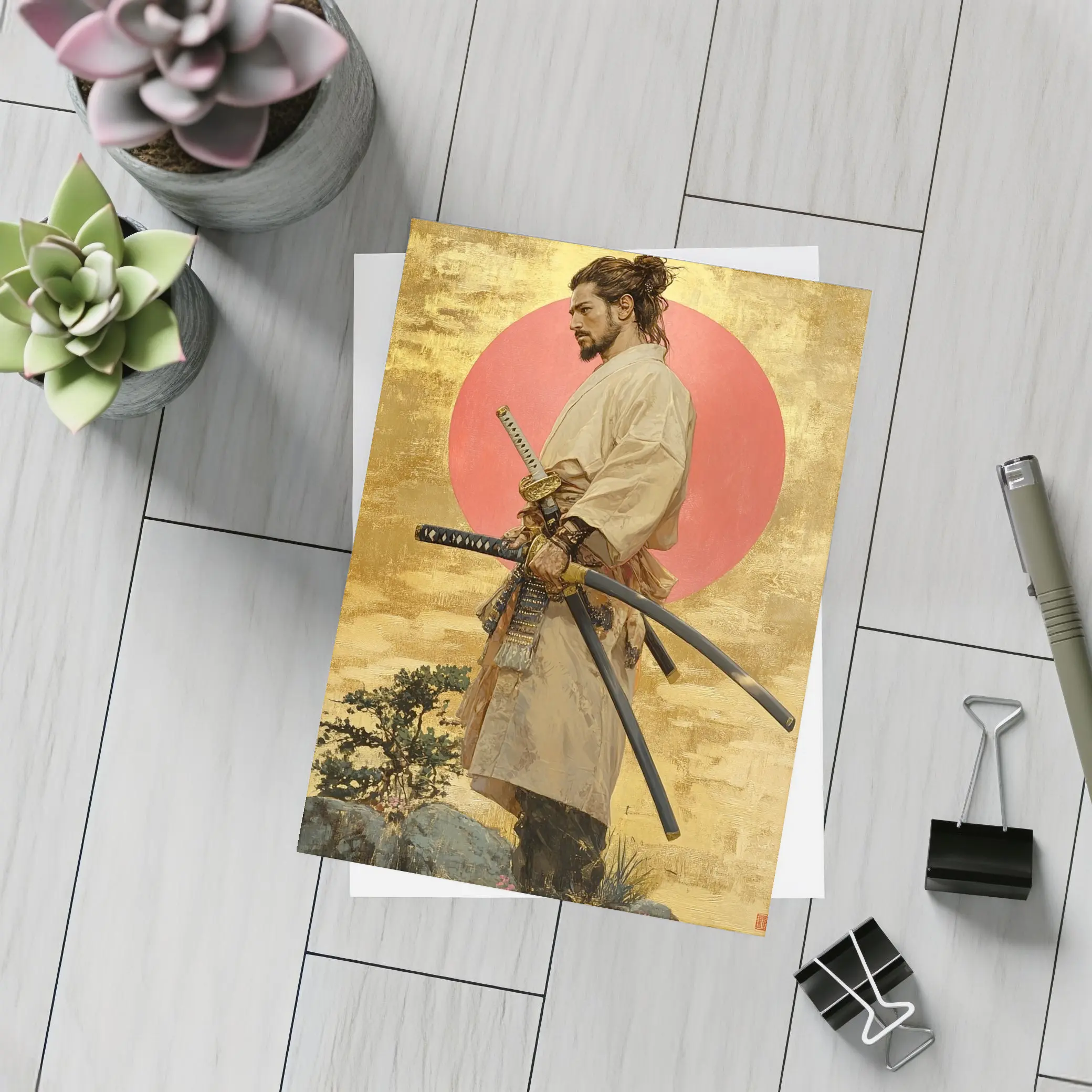 Samurai Warrior Standing Before Red Sun – Postcards