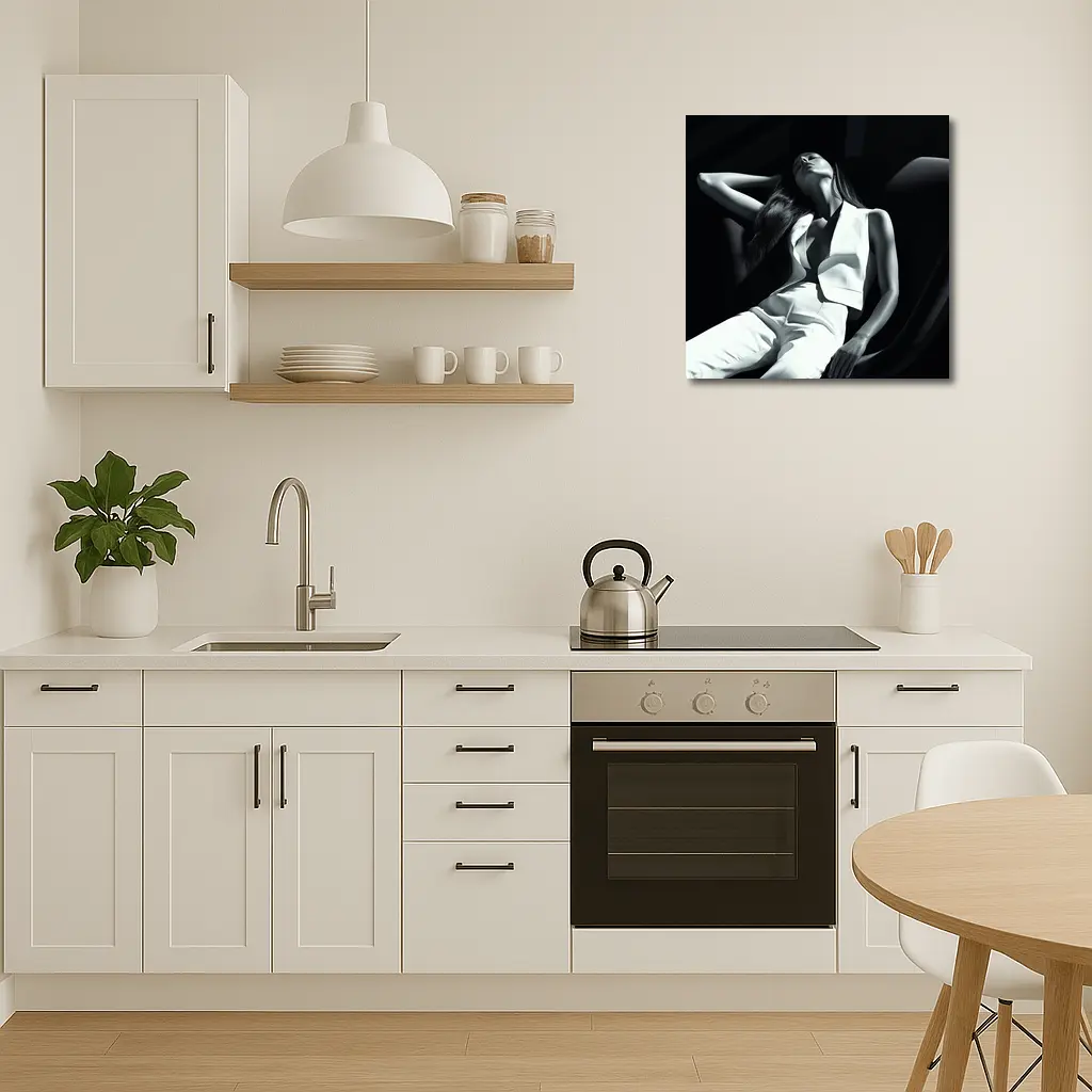 Woman in White Suit Dark Chair – Wall Art