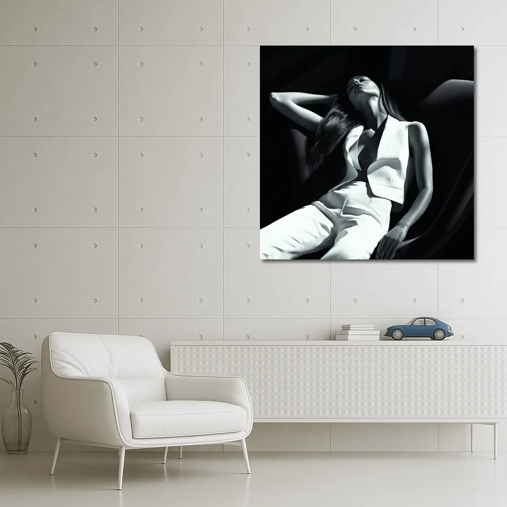 Woman in White Suit Dark Chair – Wall Art