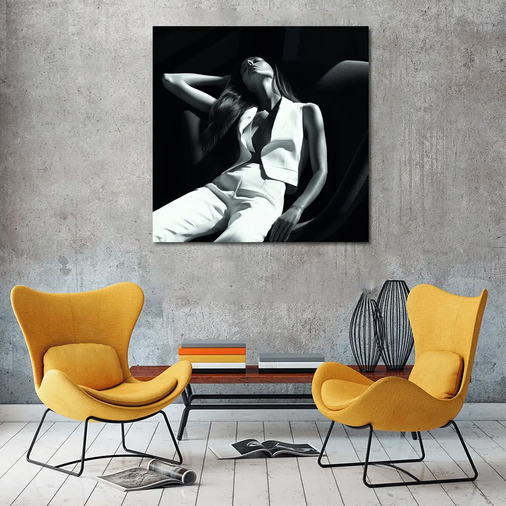 Woman in White Suit Dark Chair – Wall Art