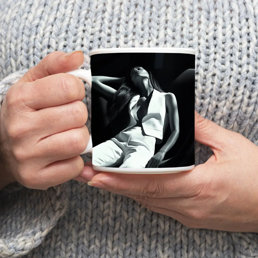 Woman in White Suit Dark Chair – Mugs