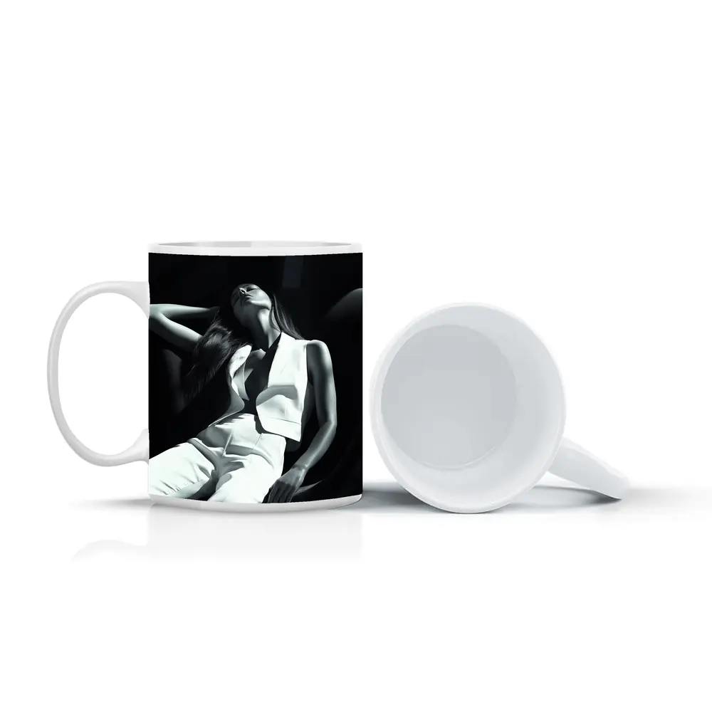 Woman in White Suit Dark Chair – Mugs