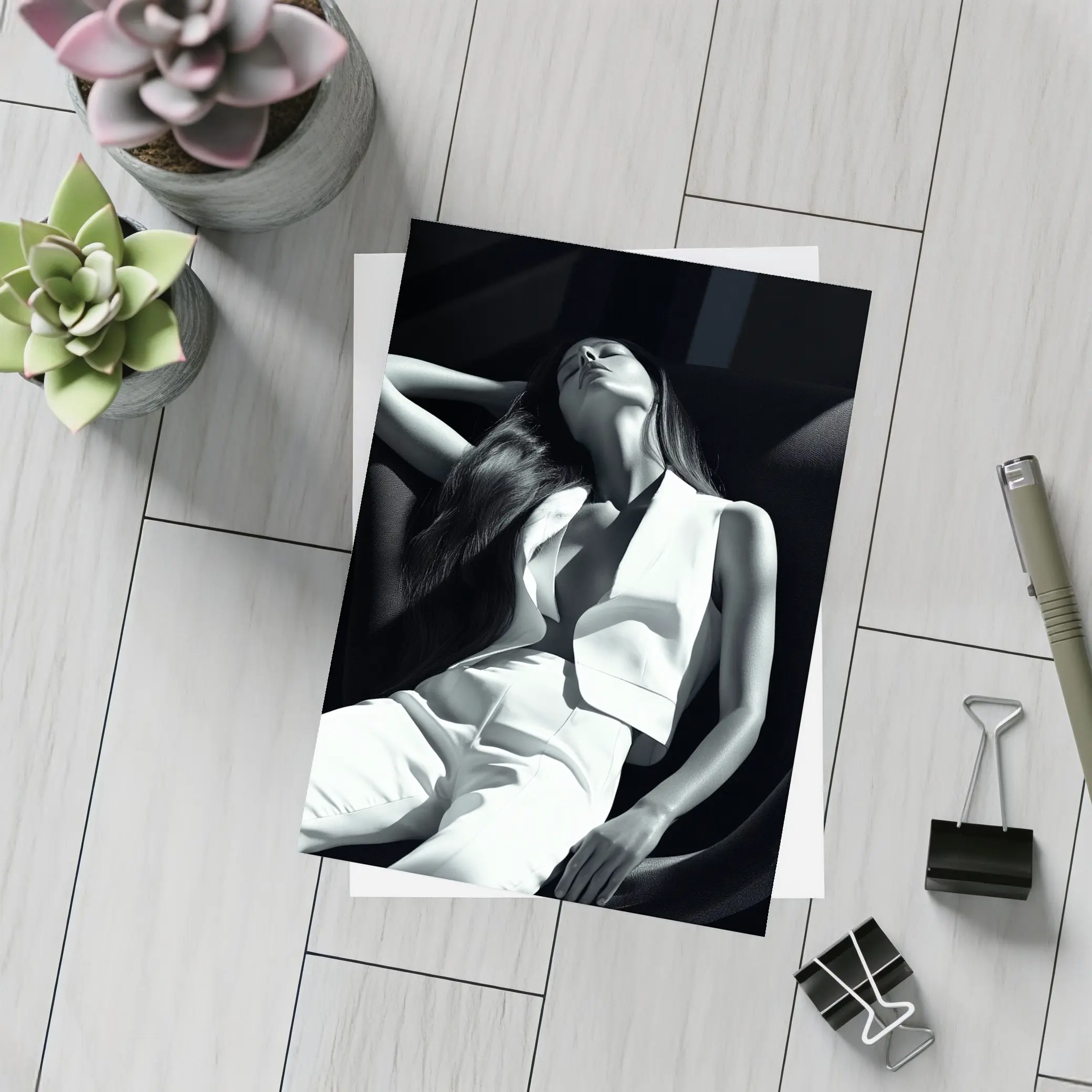 Woman in White Suit Dark Chair – Postcards