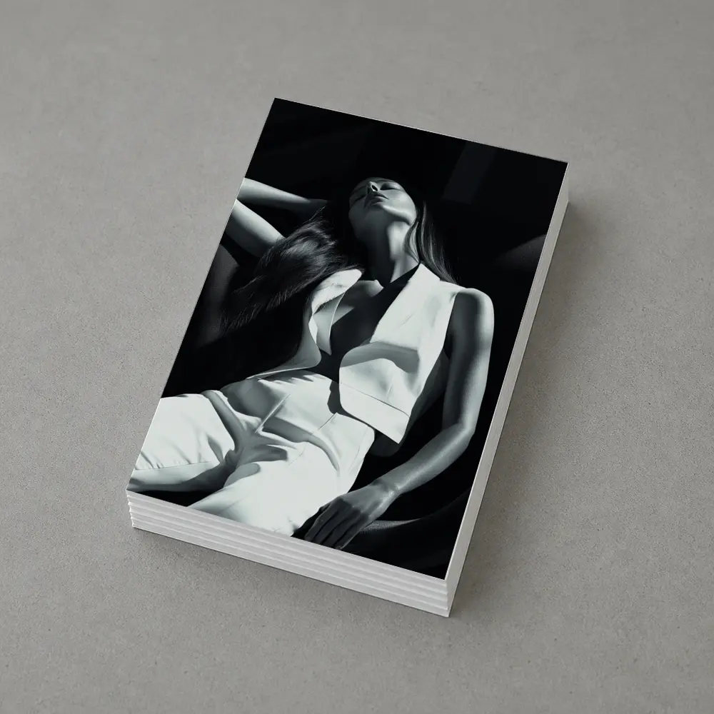 Woman in White Suit Dark Chair – Postcards