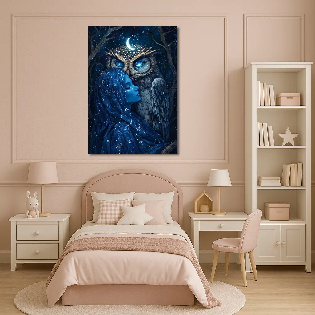 Woman and Owl Starry Night Fantasy Art – Wall Art