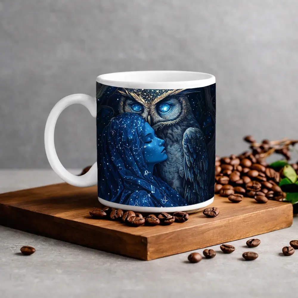 Woman and Owl Starry Night Fantasy Art – Mugs