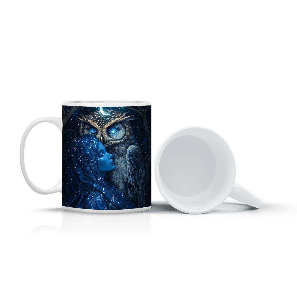 Woman and Owl Starry Night Fantasy Art – Mugs