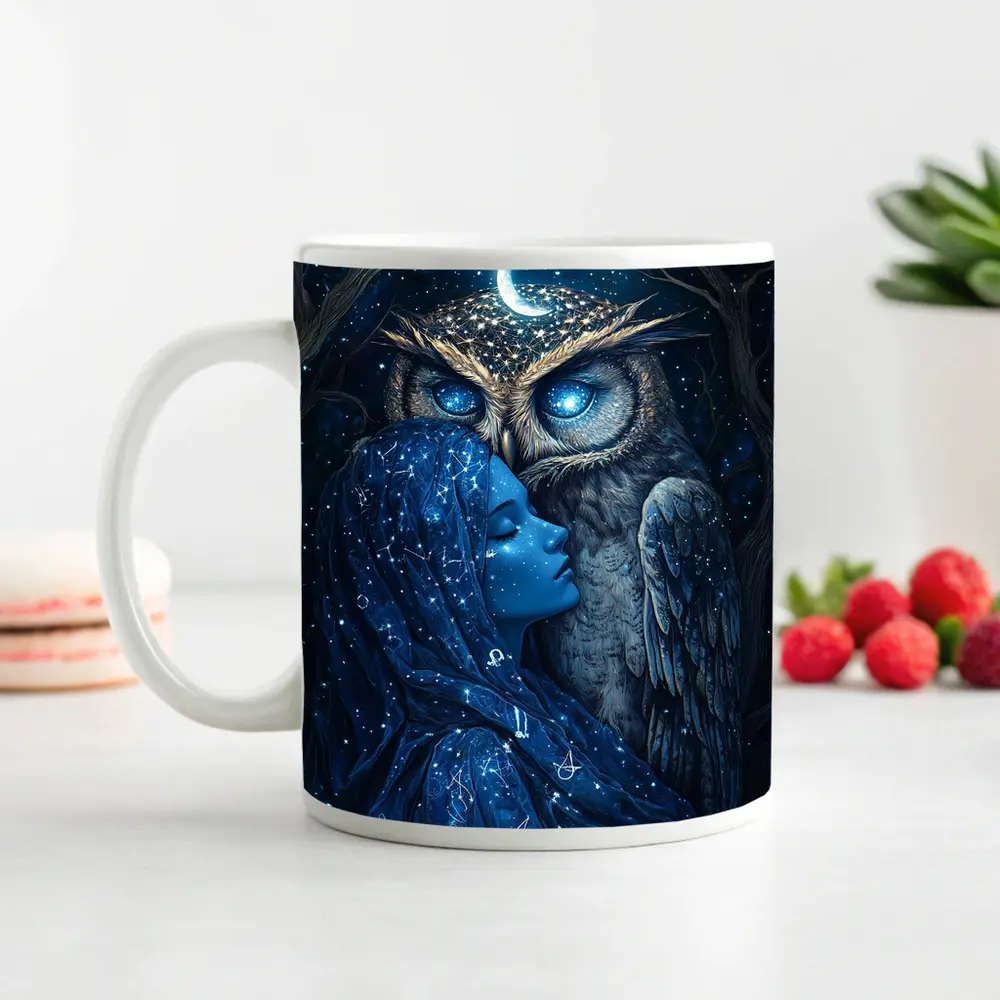 Woman and Owl Starry Night Fantasy Art – Mugs