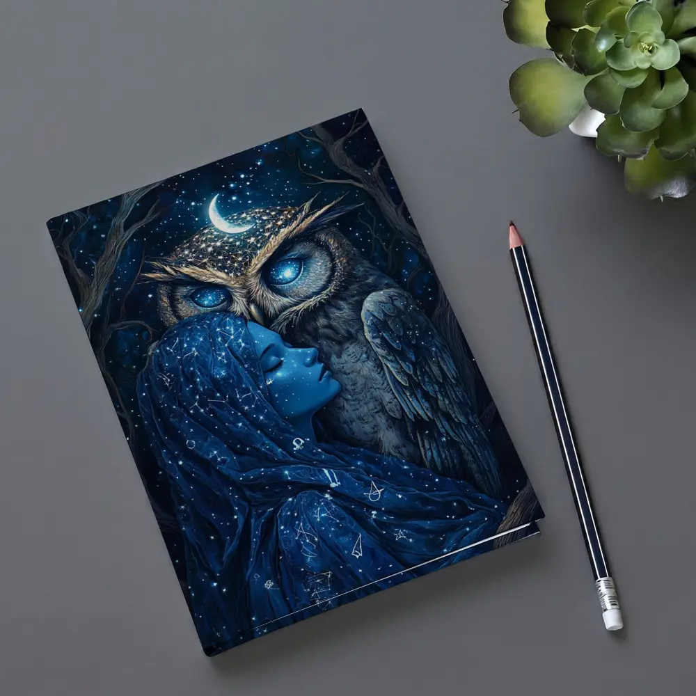 Woman and Owl Starry Night Fantasy Art – Notebooks