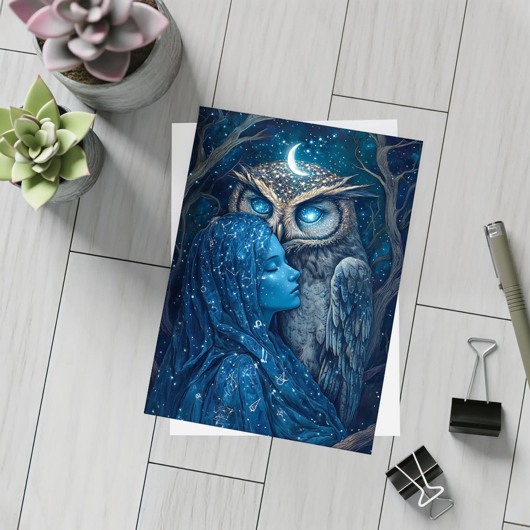 Woman and Owl Starry Night Fantasy Art – Postcards
