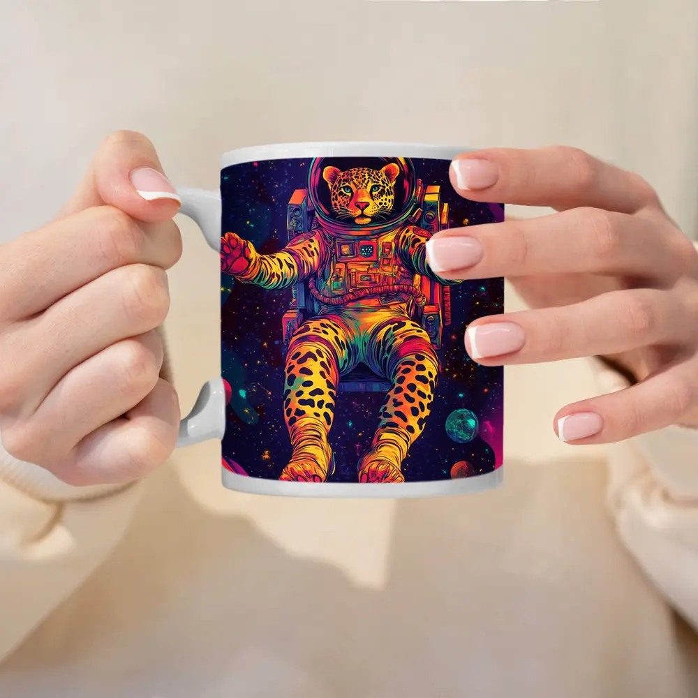 Leopard Astronaut Floating In Colorful Space – Mugs