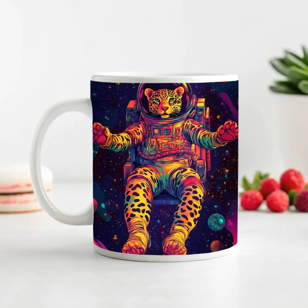 Leopard Astronaut Floating In Colorful Space – Mugs