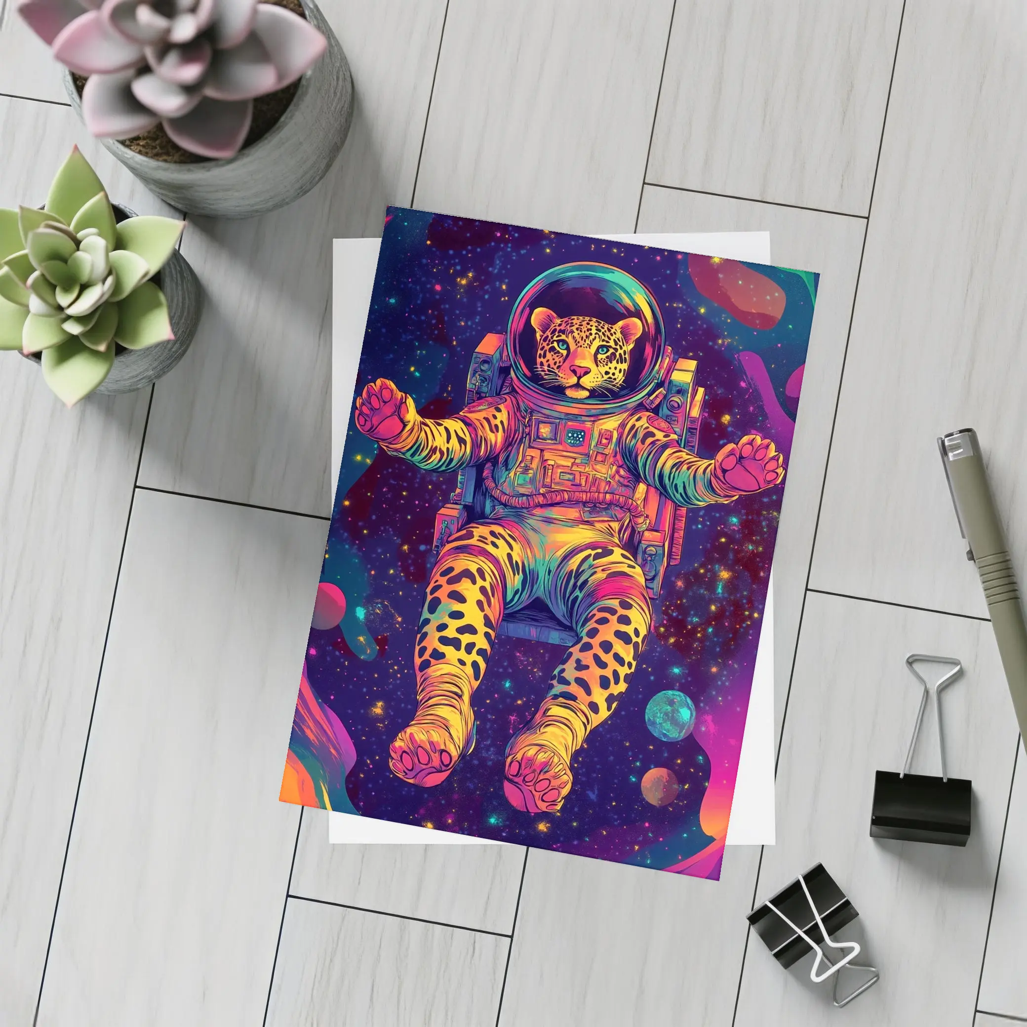 Leopard Astronaut Floating In Colorful Space – Postcards