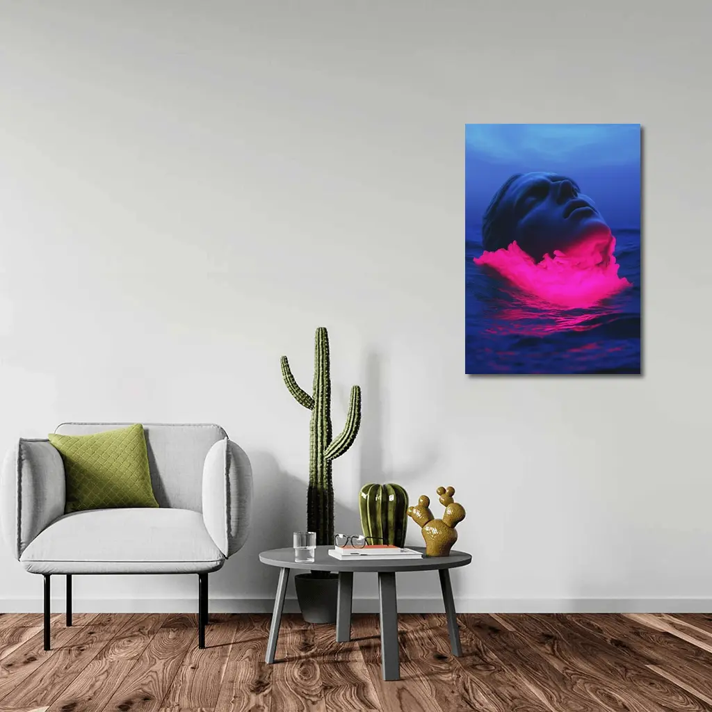 Neon Pink Smoke Face Surreal Ocean Blue – Wall Art