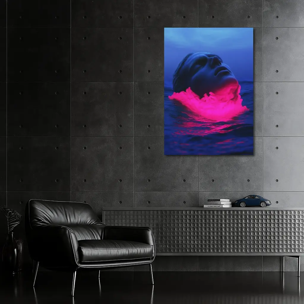 Neon Pink Smoke Face Surreal Ocean Blue – Wall Art