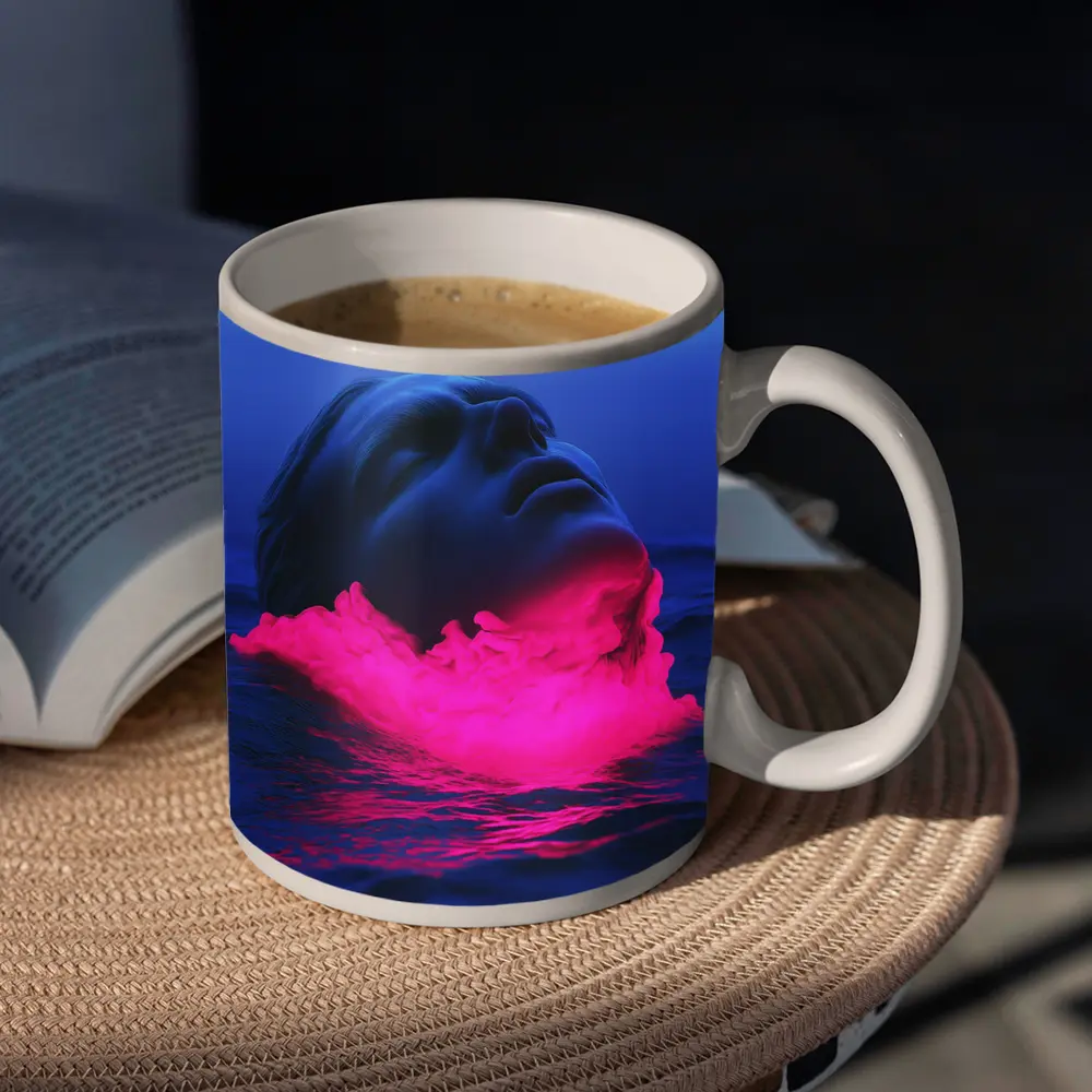 Neon Pink Smoke Face Surreal Ocean Blue – Mugs