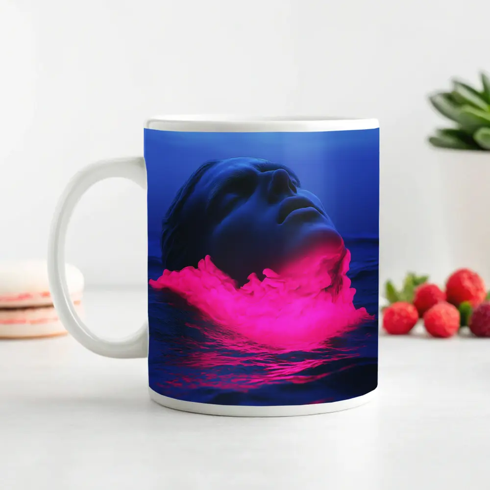 Neon Pink Smoke Face Surreal Ocean Blue – Mugs