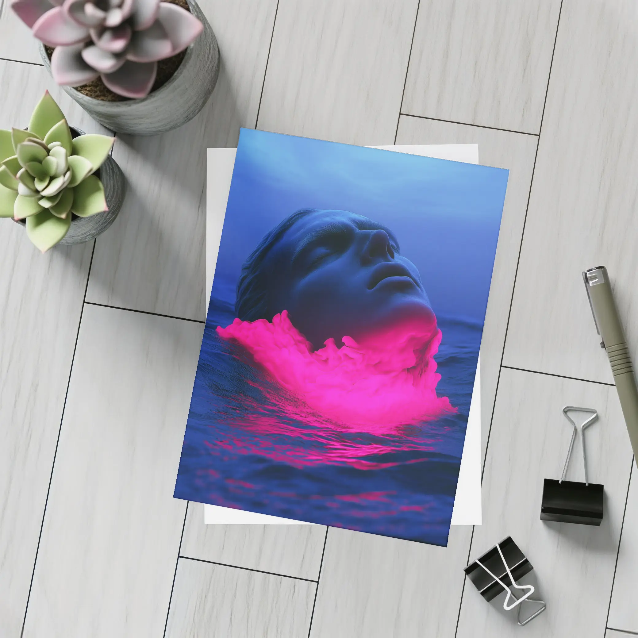 Neon Pink Smoke Face Surreal Ocean Blue – Postcards