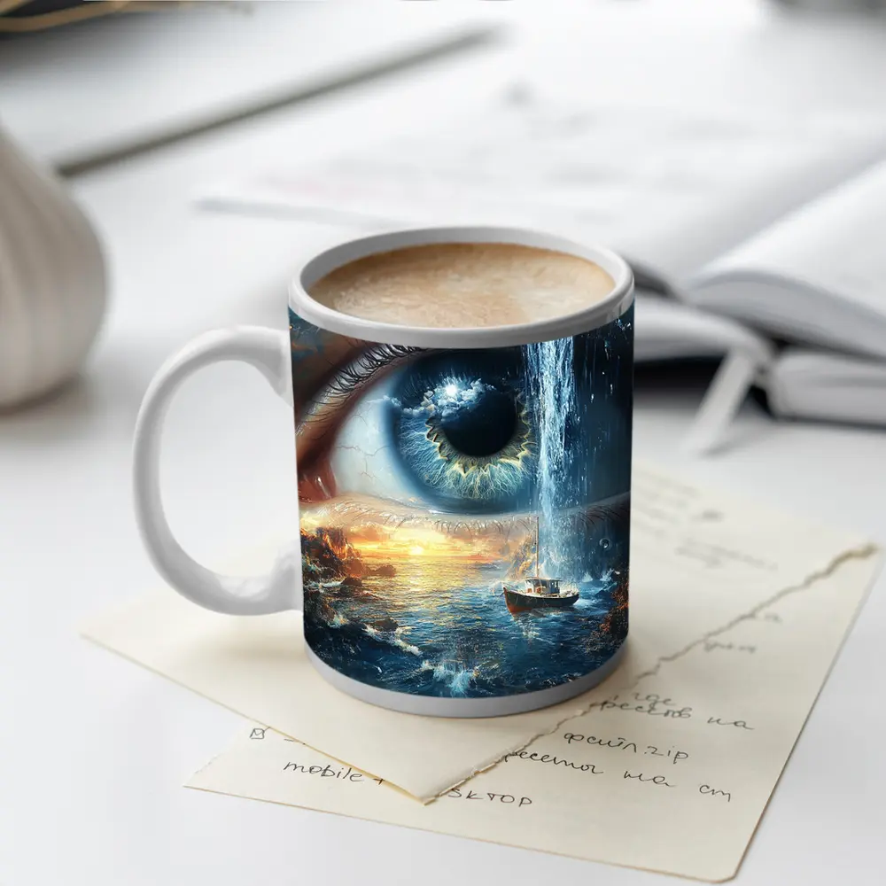 Surreal Eye Waterfall Ocean Boat Sunset – Mugs