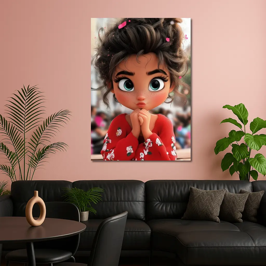 Cute Cartoon Girl Red Floral Outfit – Wall Art