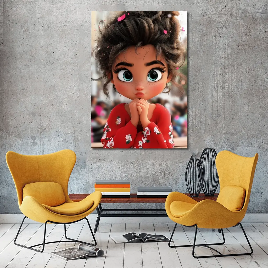 Cute Cartoon Girl Red Floral Outfit – Wall Art