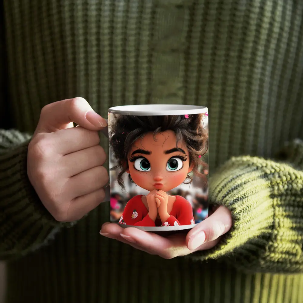 Cute Cartoon Girl Red Floral Outfit – Mugs