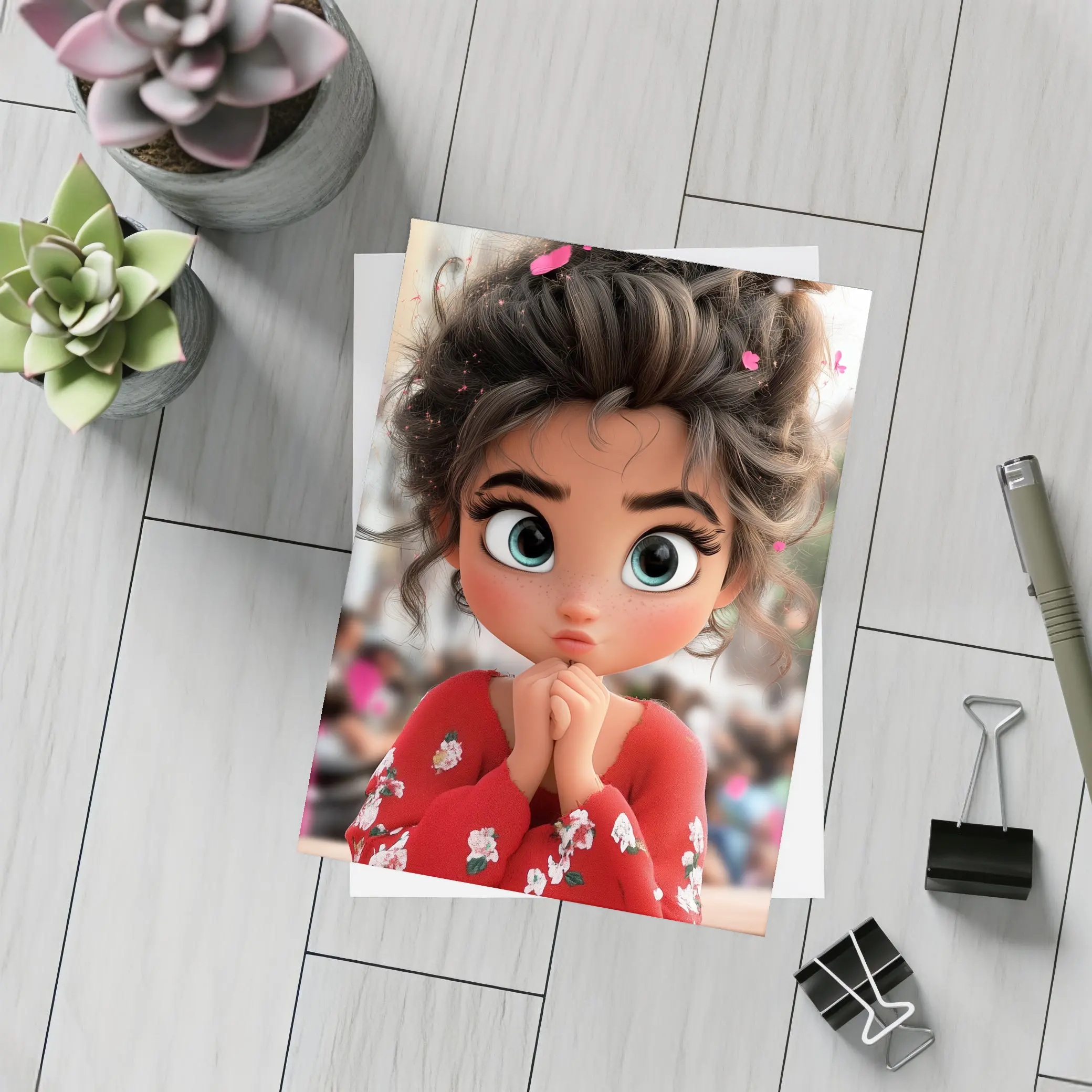 Cute Cartoon Girl Red Floral Outfit – Postcards