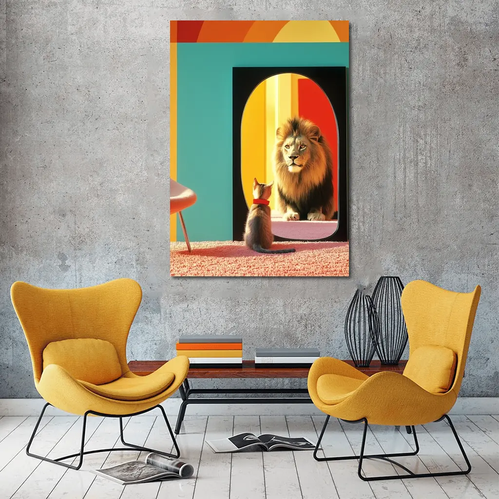Cat Facing Lion Mirror Colorful Interior – Wall Art